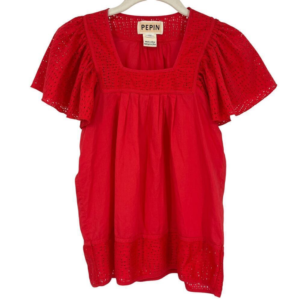 PEPIN Anthropologie Red Flutter Sleeve Tunic Top Blouse Size XS